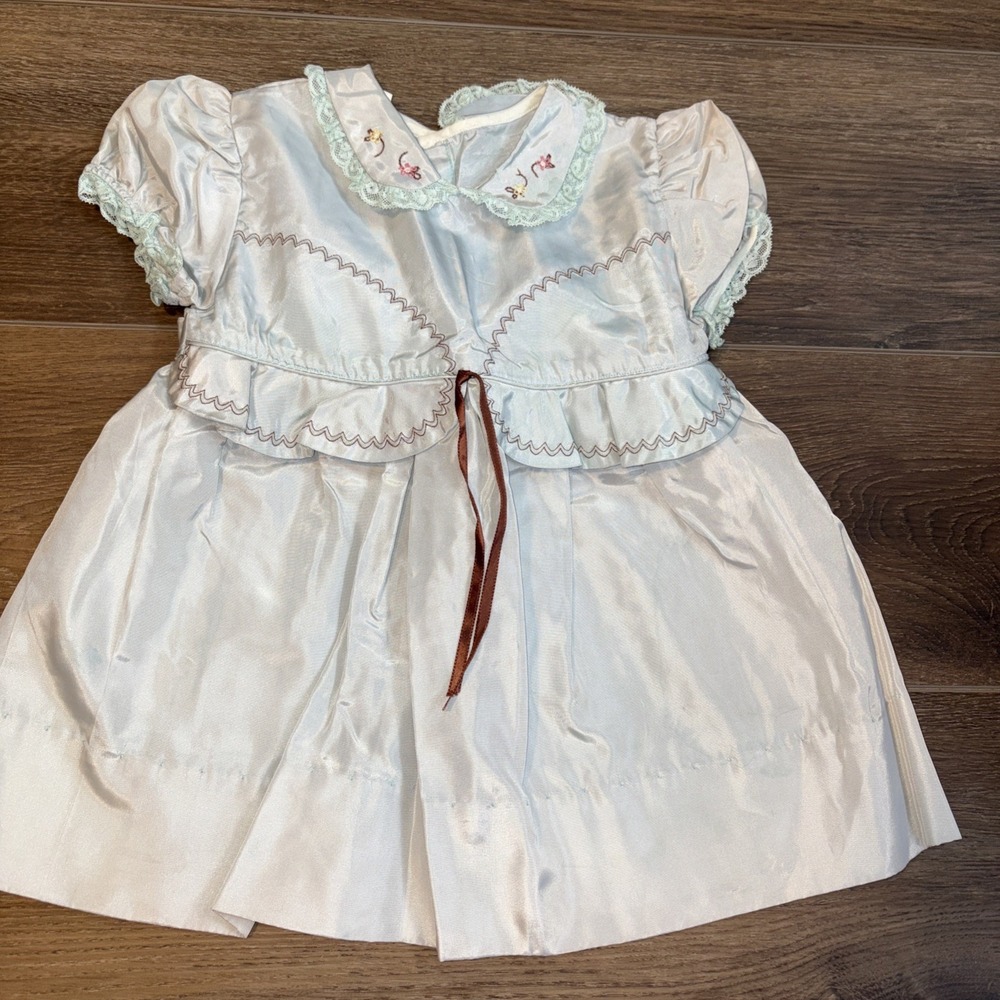 VINTAGE! TAFFETA BLUE TAGGED NANNETTE TODDLERS DRESS RUFFLED TRIMS Embroidered